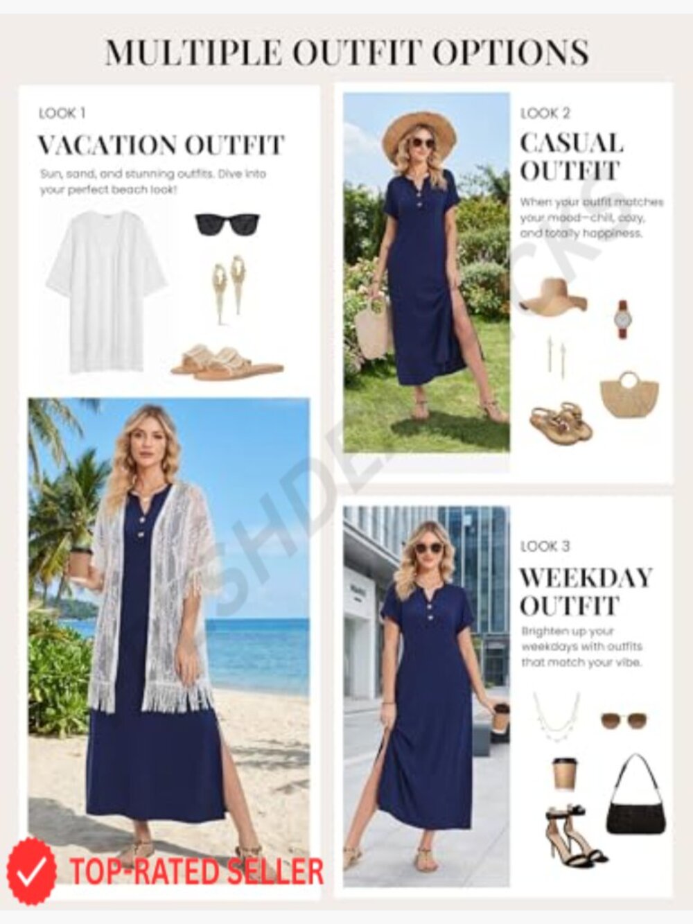 Maxi Dress Short Sleeve V-Neck Side Slit Pockets Summer Casual Sundress - Picture 6 of 7